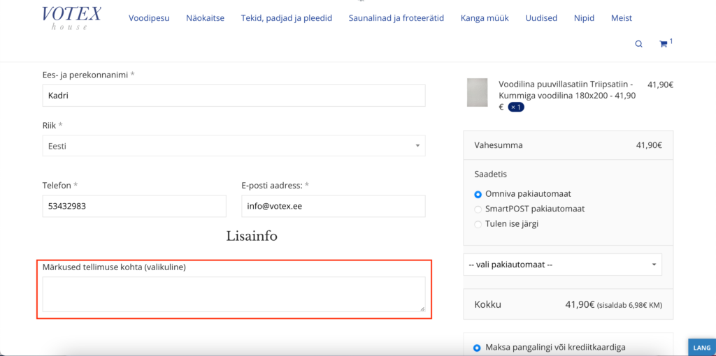 Märkused tellimuse kohta